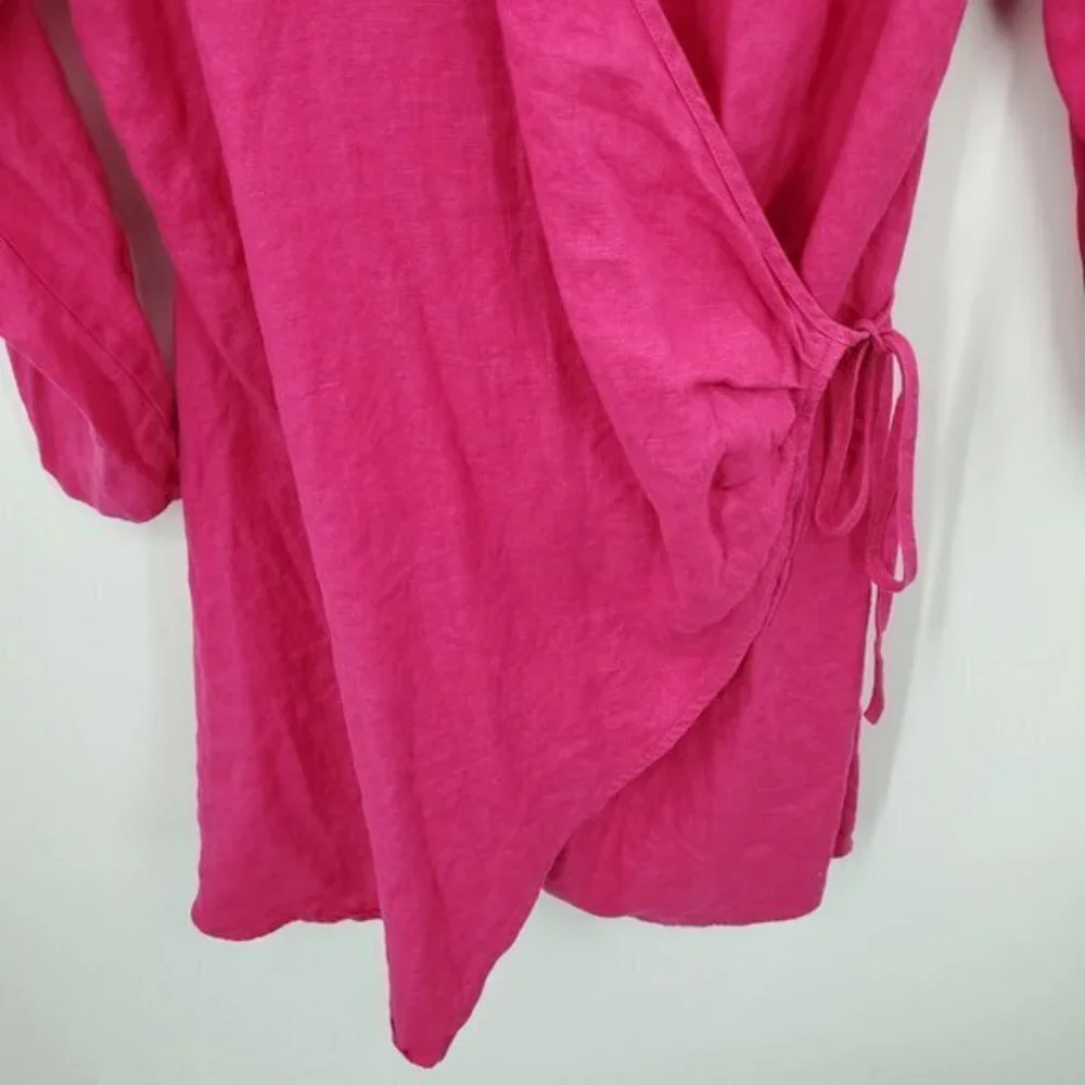 Mango 100% Linen Fuchsia/Barbie Pink Collared Wrap Dress 12